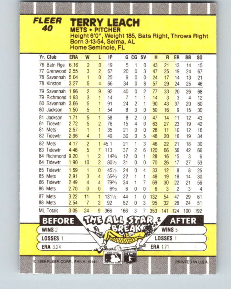 1989 Fleer #40 Terry Leach Mint New York Mets Image 2