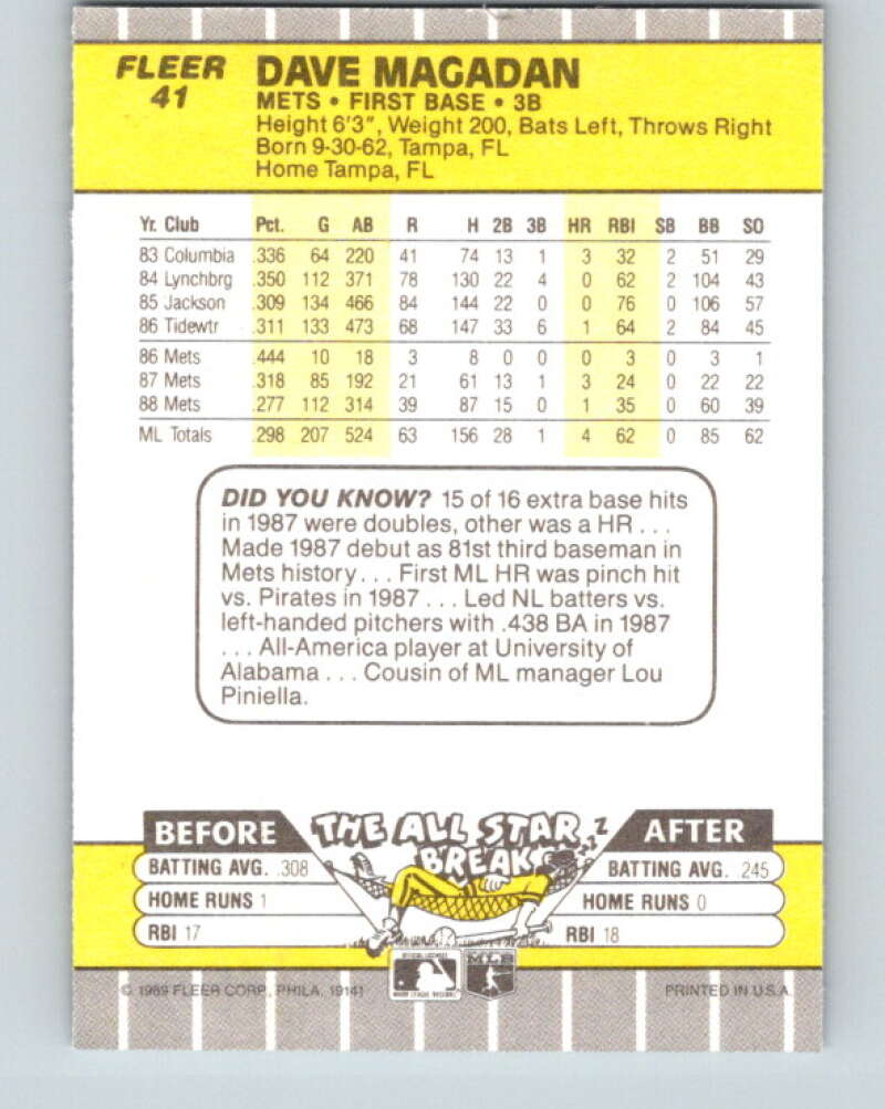 1989 Fleer #41 Dave Magadan UER Mint New York Mets  Image 2