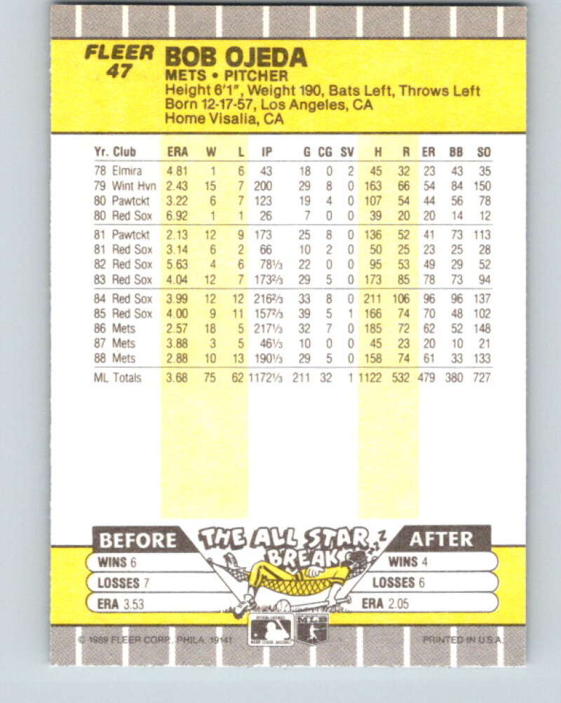 1989 Fleer #47 Bob Ojeda Mint New York Mets  Image 2
