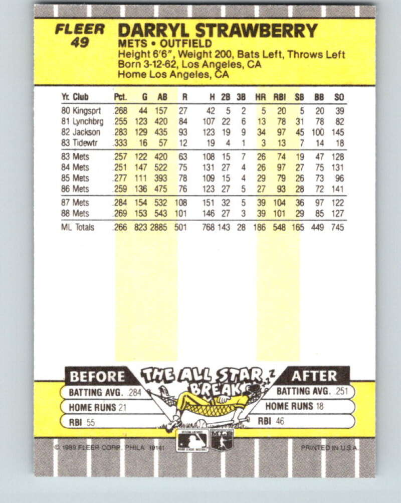 1989 Fleer #49 Darryl Strawberry Mint New York Mets Image 2