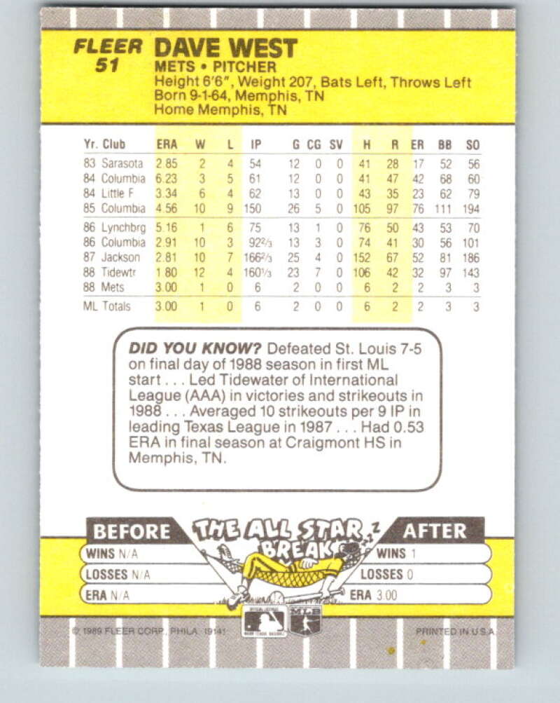 1989 Fleer #51 David West Mint RC Rookie New York Mets Image 2