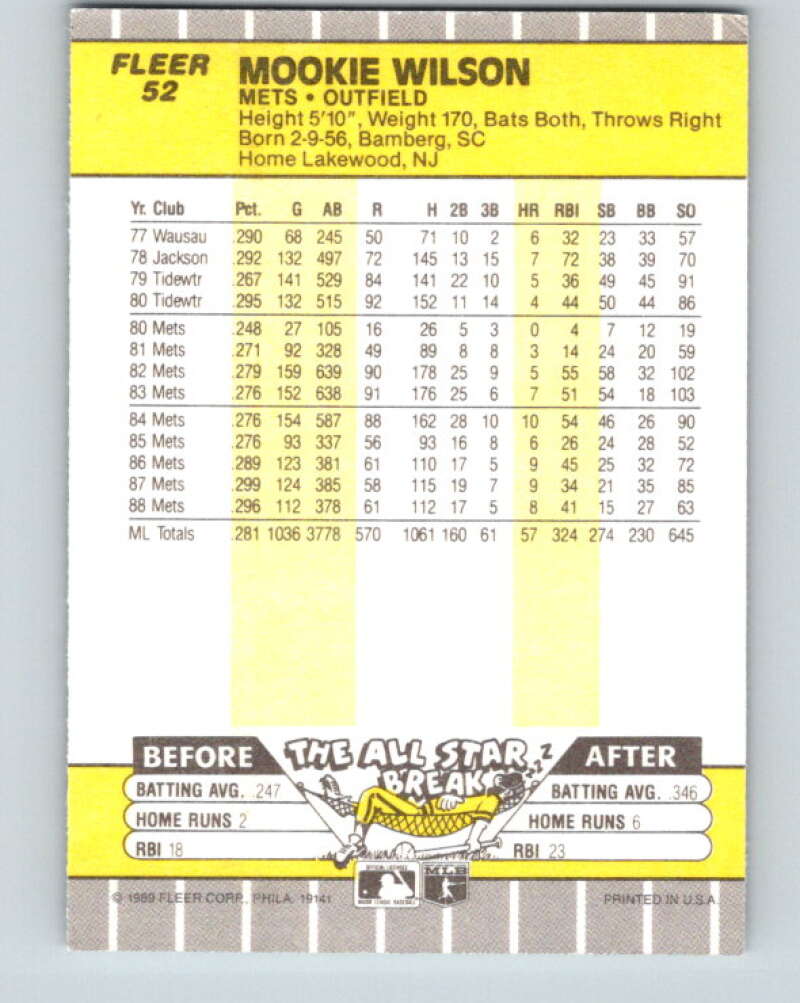 1989 Fleer #52 Mookie Wilson Mint New York Mets Image 2