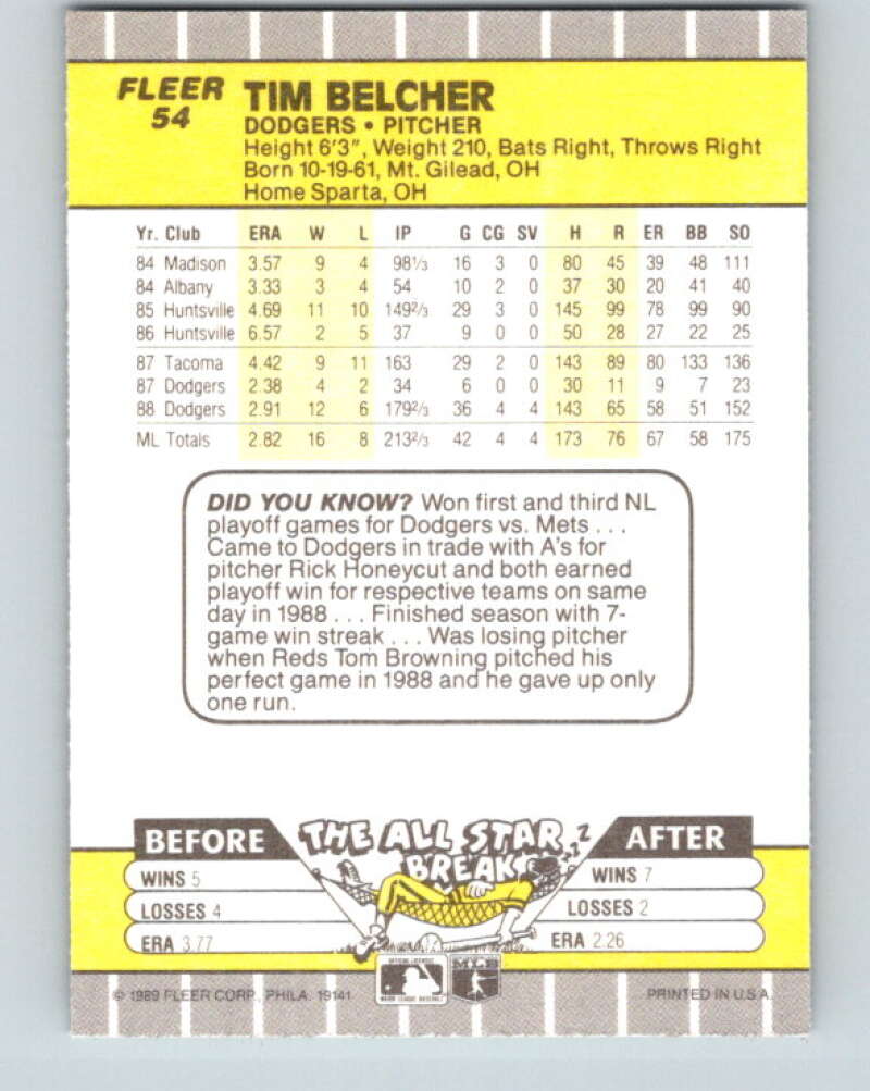 1989 Fleer #54 Tim Belcher Mint Los Angeles Dodgers  Image 2