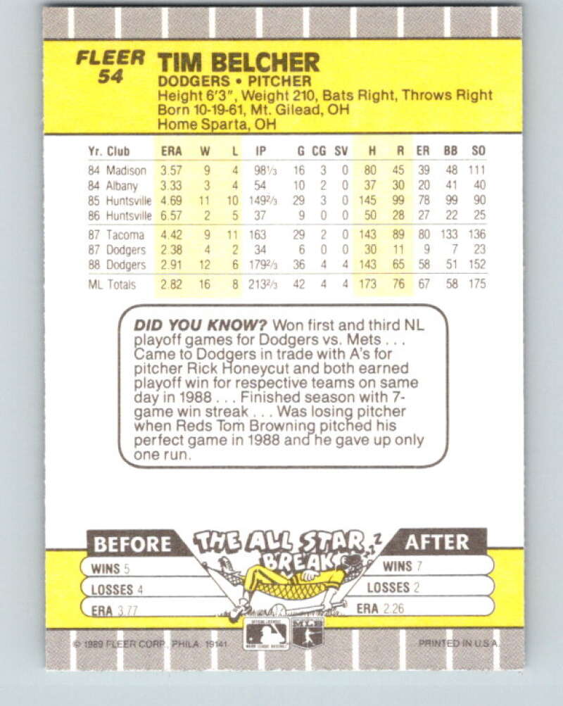 1989 Fleer #54 Tim Belcher Mint Los Angeles Dodgers Image 2