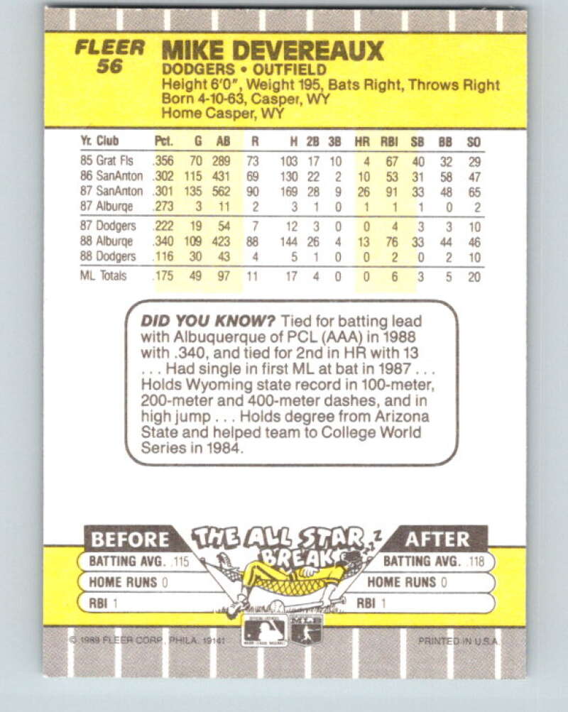 1989 Fleer #56 Mike Devereaux Mint Los Angeles Dodgers Image 2