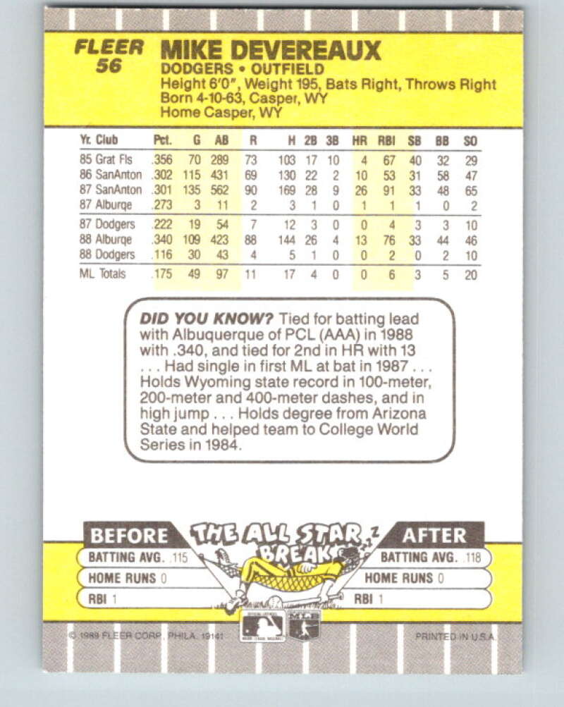 1989 Fleer #56 Mike Devereaux Mint Los Angeles Dodgers  Image 2