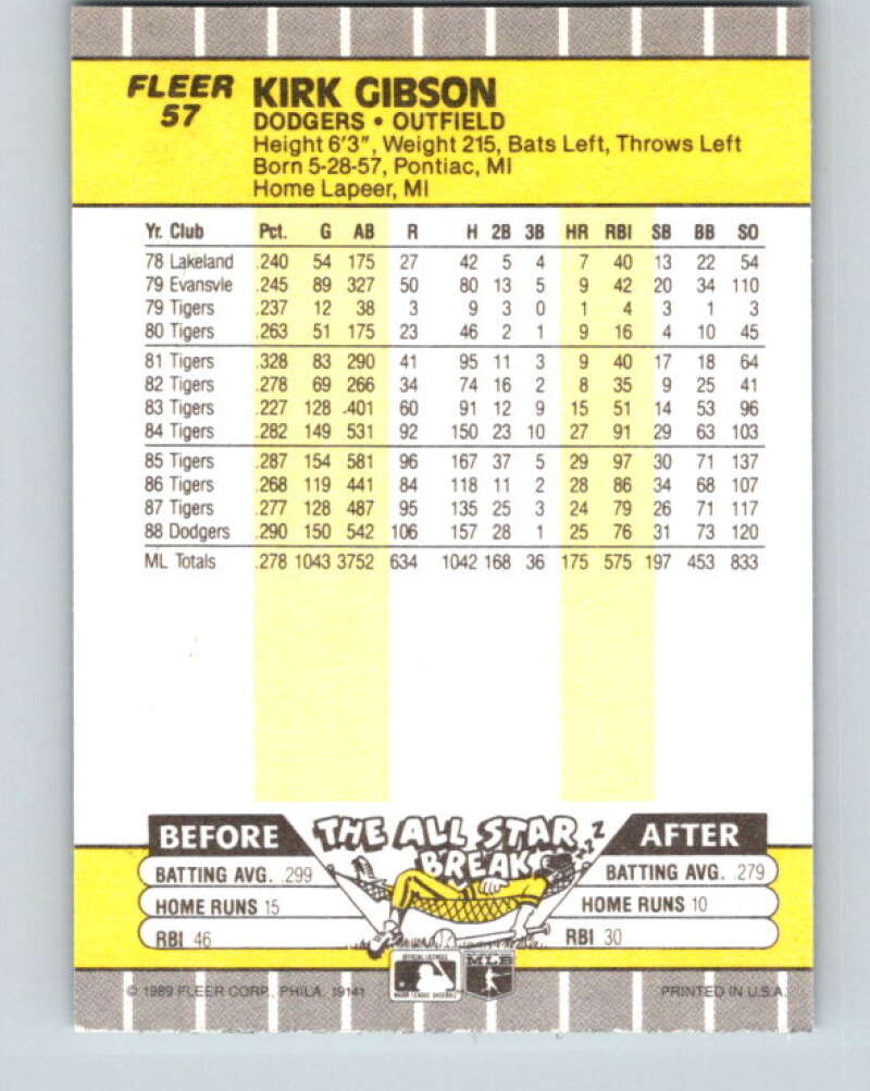 1989 Fleer #57 Kirk Gibson Mint Los Angeles Dodgers Image 2