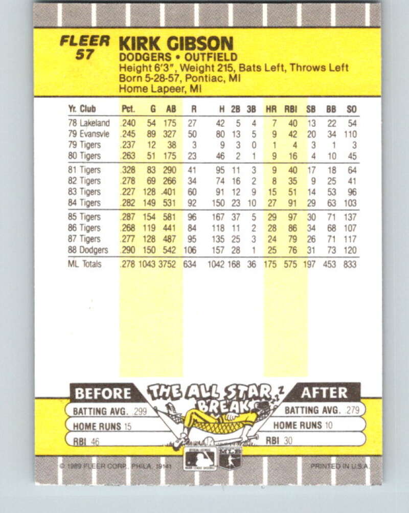 1989 Fleer #57 Kirk Gibson Mint Los Angeles Dodgers  Image 2