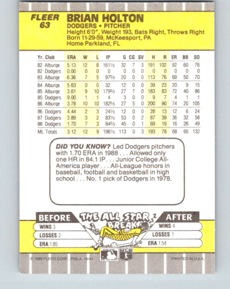 1989 Fleer #63 Brian Holton Mint Los Angeles Dodgers Image 2