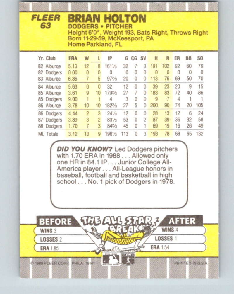 1989 Fleer #63 Brian Holton Mint Los Angeles Dodgers  Image 2