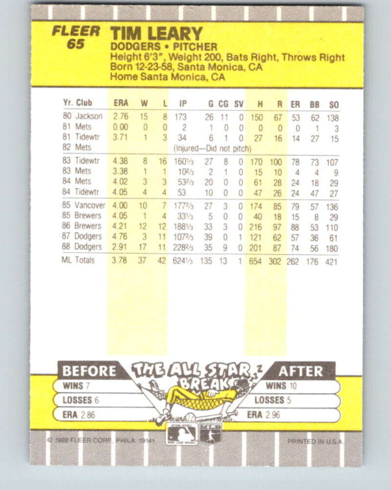 1989 Fleer #65 Tim Leary Mint Los Angeles Dodgers  Image 2
