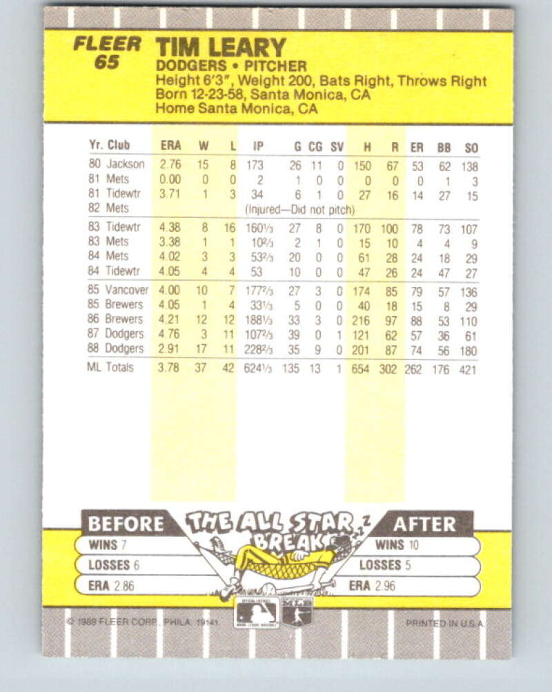 1989 Fleer #65 Tim Leary Mint Los Angeles Dodgers Image 2