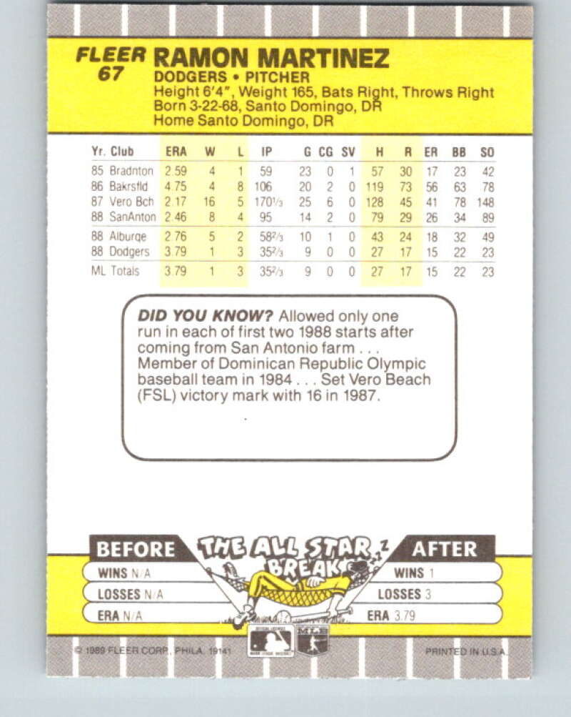 1989 Fleer #67 Ramon Martinez Mint RC Rookie Los Angeles Dodgers