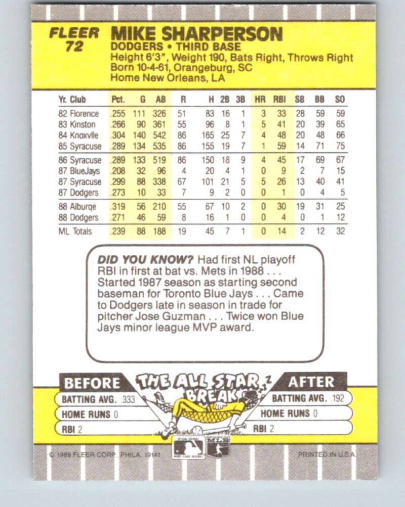 1989 Fleer #72 Mike Sharperson Mint Los Angeles Dodgers Image 2