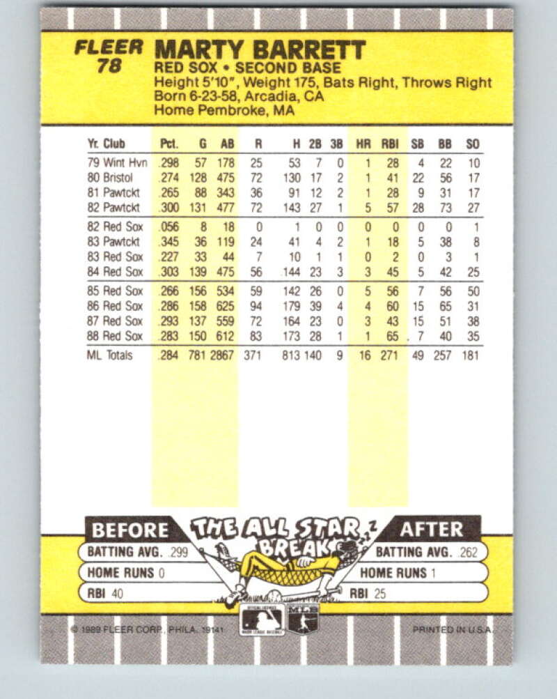 1989 Fleer #78 Marty Barrett Mint Boston Red Sox Image 2