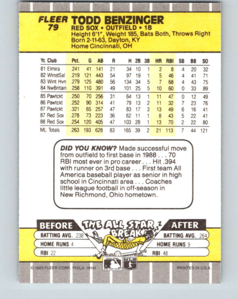 1989 Fleer #79 Todd Benzinger Mint Boston Red Sox Image 2