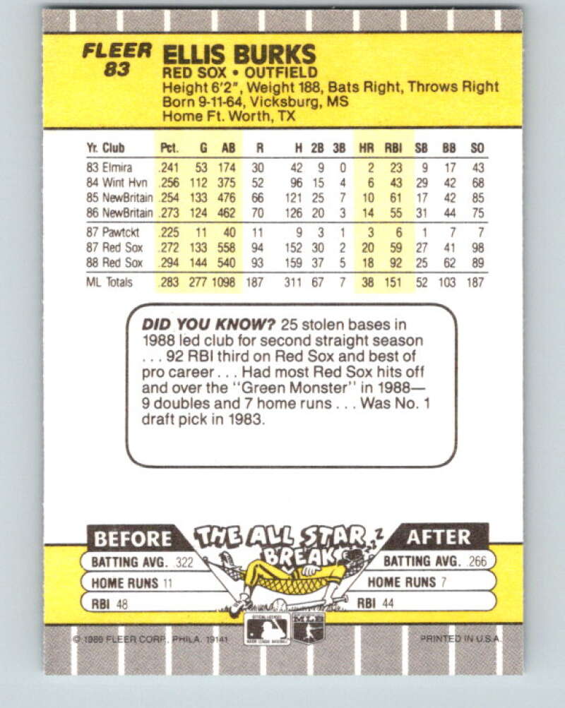 1989 Fleer #83 Ellis Burks Mint Boston Red Sox Image 2