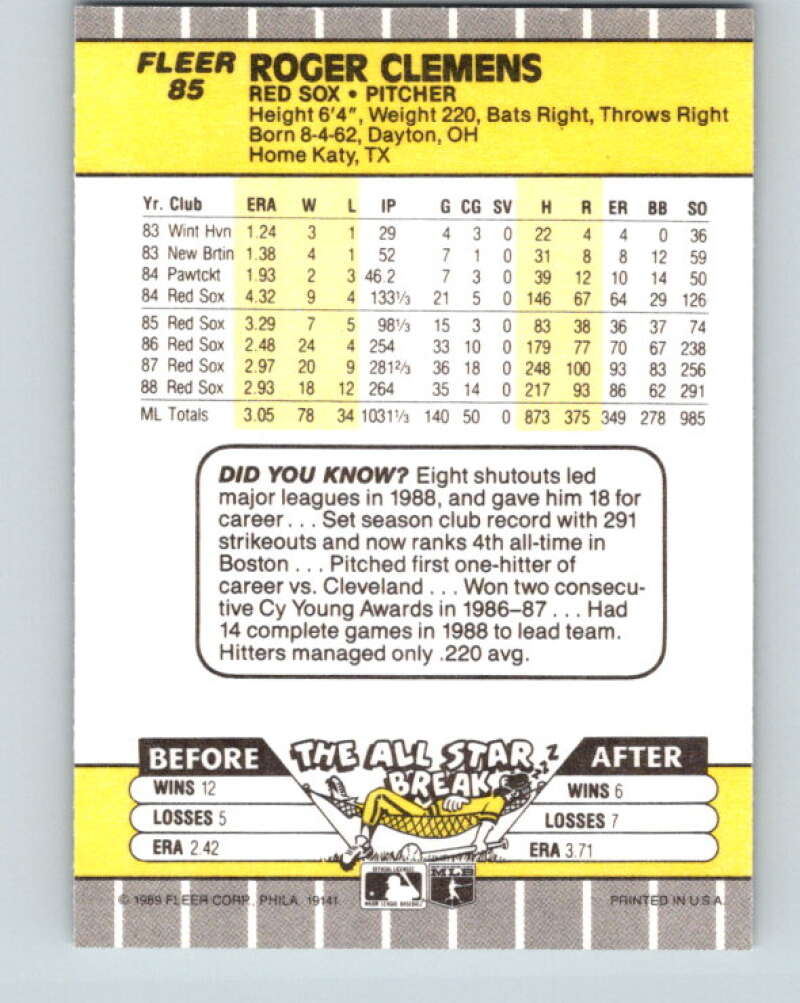 1989 Fleer #85 Roger Clemens Mint Boston Red Sox Image 2