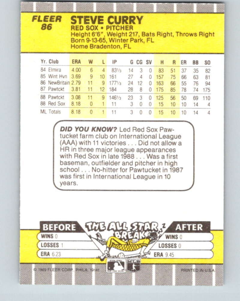 1989 Fleer #86 Steve Curry Mint RC Rookie Boston Red Sox Image 2