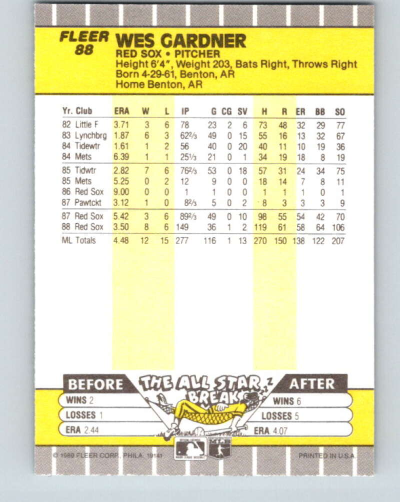 1989 Fleer #88 Wes Gardner Mint Boston Red Sox Image 2