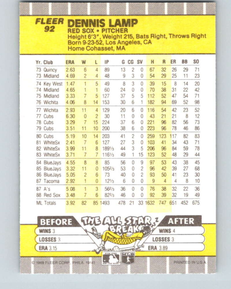 1989 Fleer #92 Dennis Lamp Mint Boston Red Sox Image 2