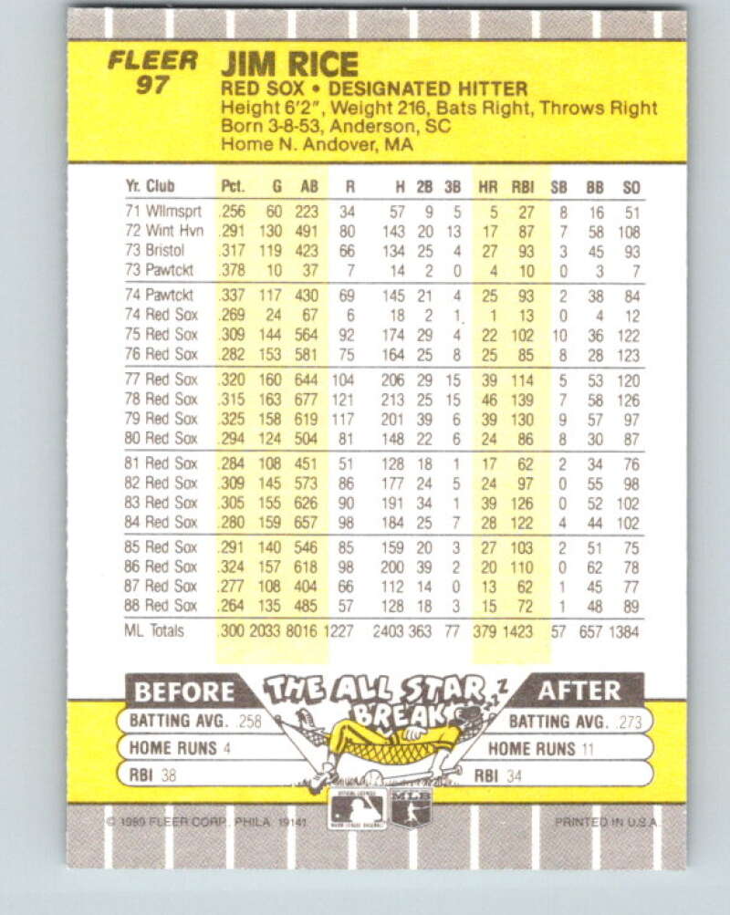 1989 Fleer #97 Jim Rice Mint Boston Red Sox Image 2