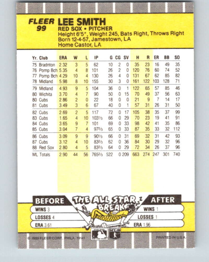 1989 Fleer #99 Lee Smith Mint Boston Red Sox Image 2