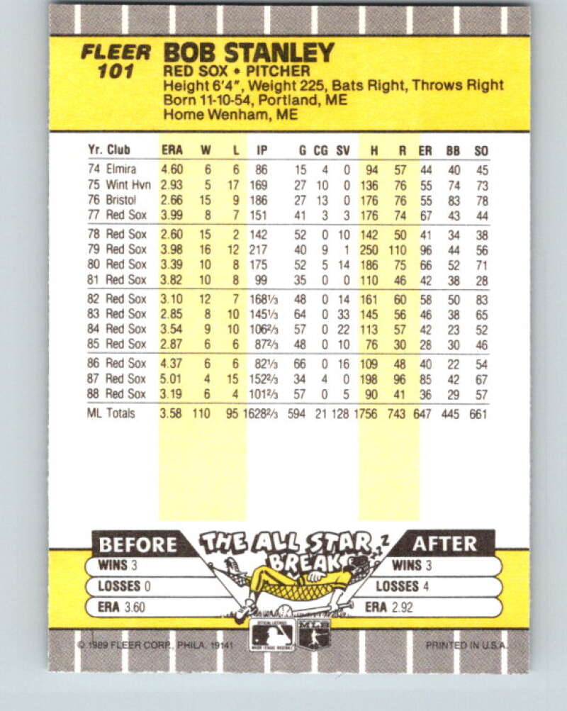1989 Fleer #101 Bob Stanley Mint Boston Red Sox Image 2