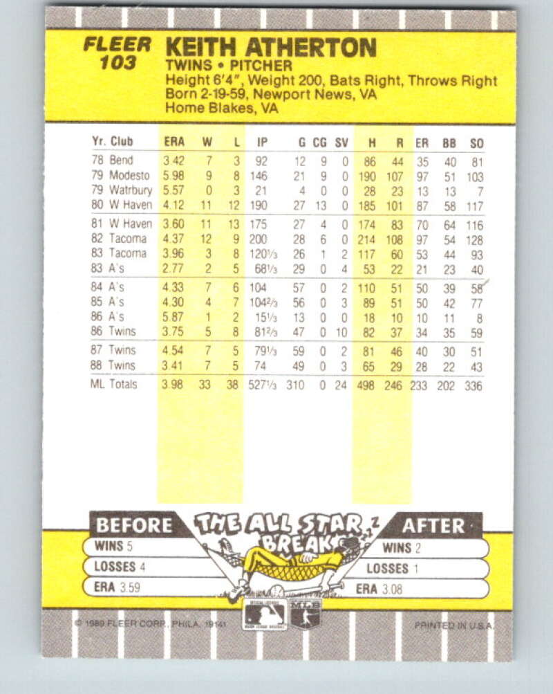 1989 Fleer #103 Keith Atherton Mint Minnesota Twins Image 2