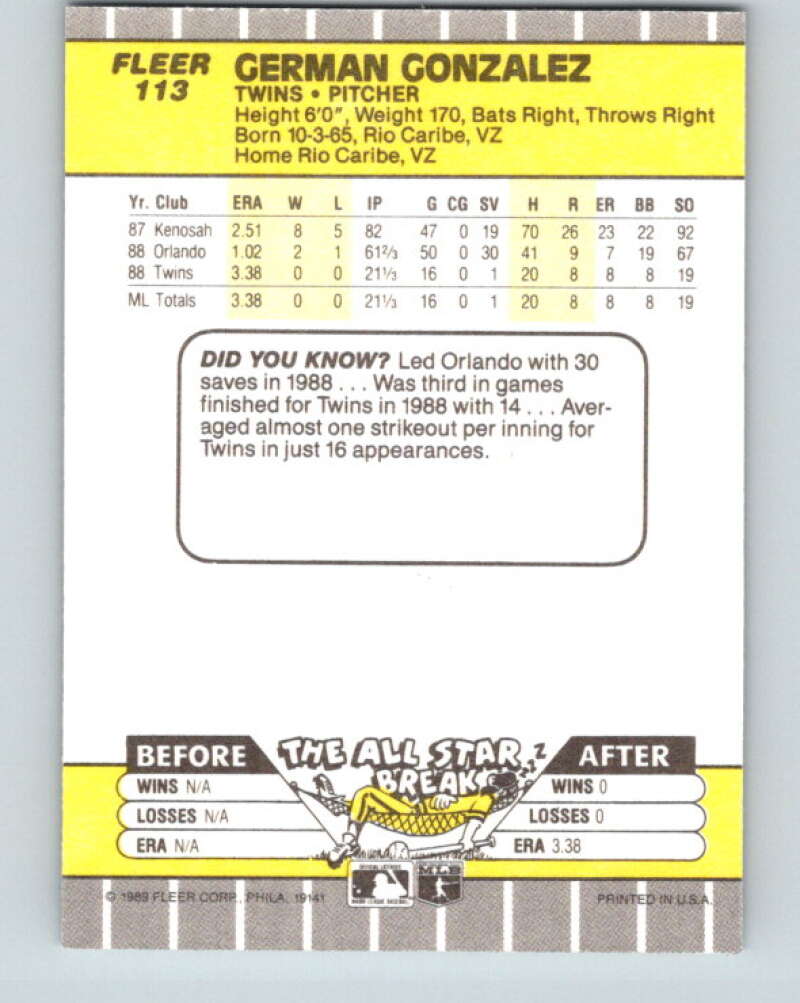 1989 Fleer #113 German Gonzalez Mint RC Rookie Minnesota Twins Image 2