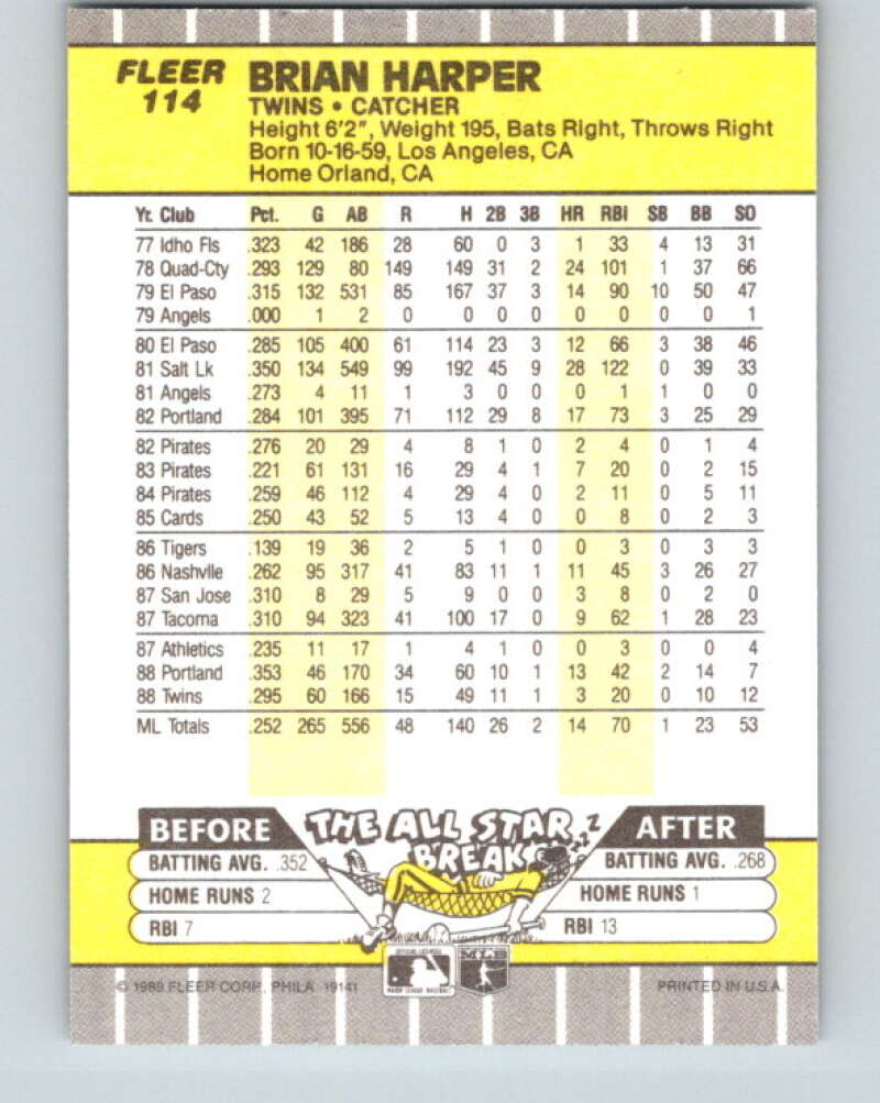 1989 Fleer #114 Brian Harper Mint Minnesota Twins Image 2