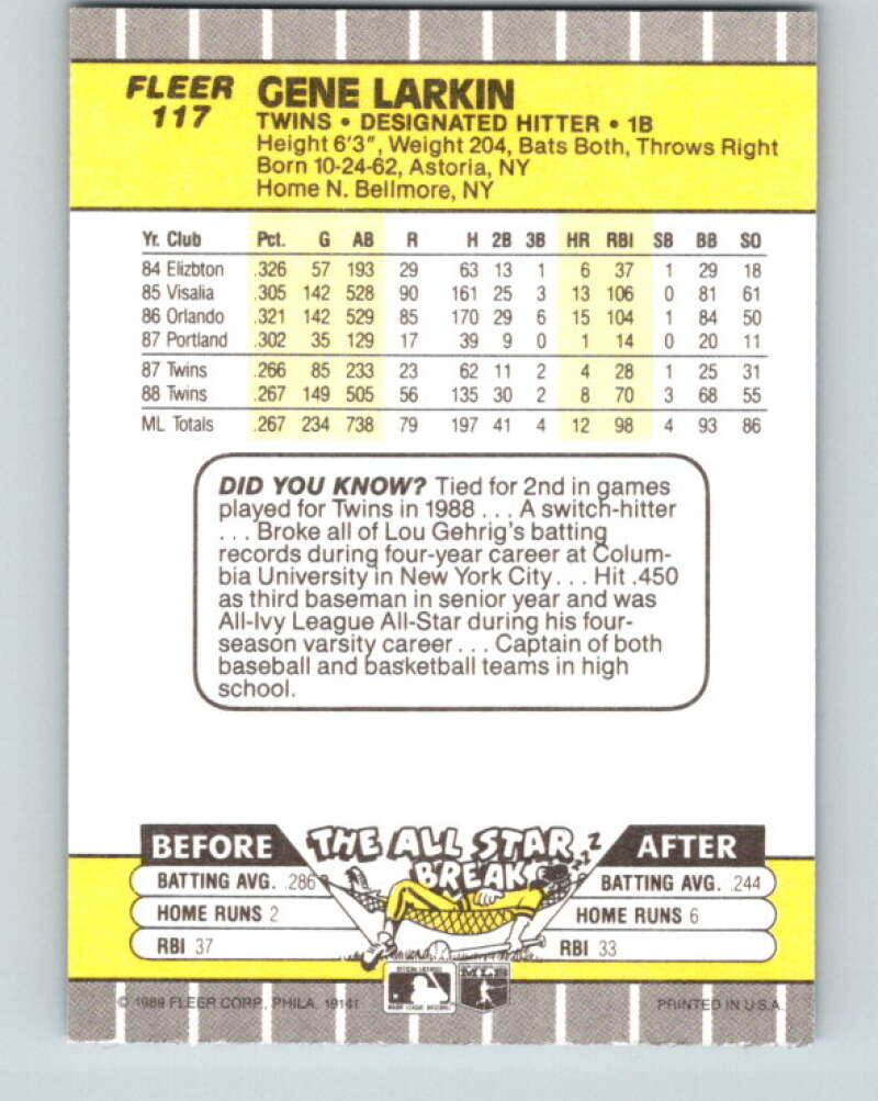 1989 Fleer #117 Gene Larkin Mint Minnesota Twins Image 2
