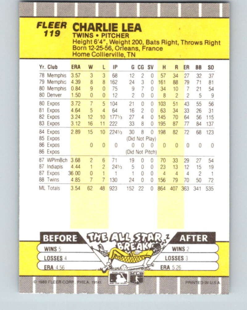 1989 Fleer #119 Charlie Lea Mint Minnesota Twins Image 2