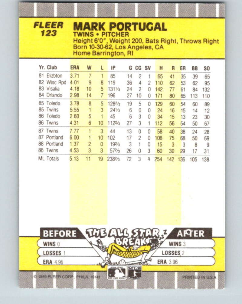 1989 Fleer #123 Mark Portugal Mint Minnesota Twins Image 2