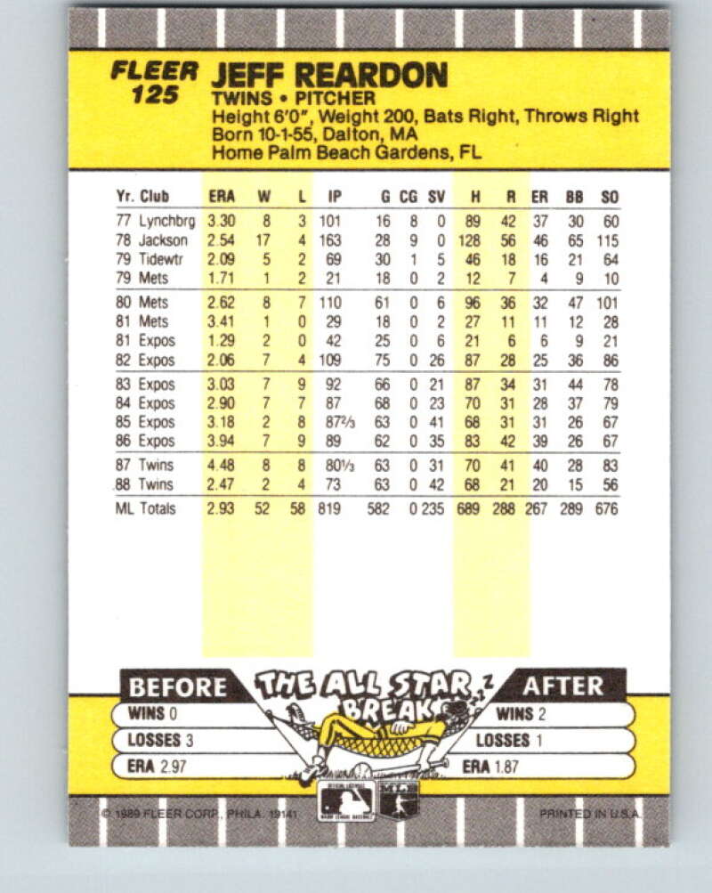 1989 Fleer #125 Jeff Reardon Mint Minnesota Twins Image 2