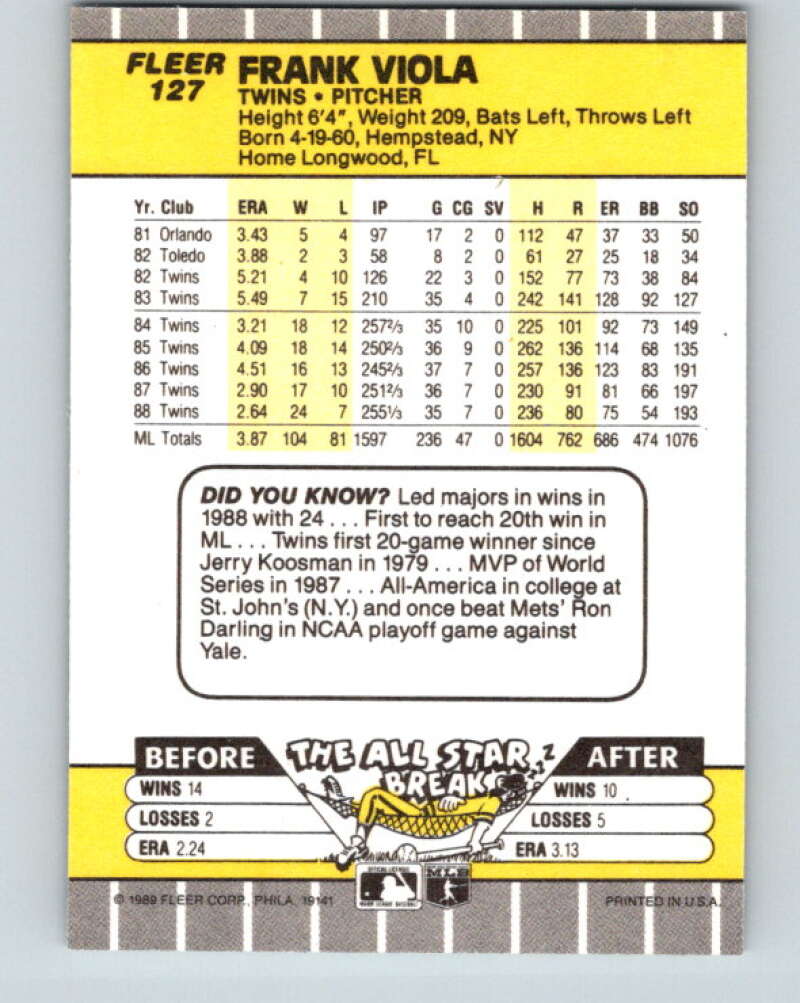 1989 Fleer #127 Frank Viola Mint Minnesota Twins Image 2