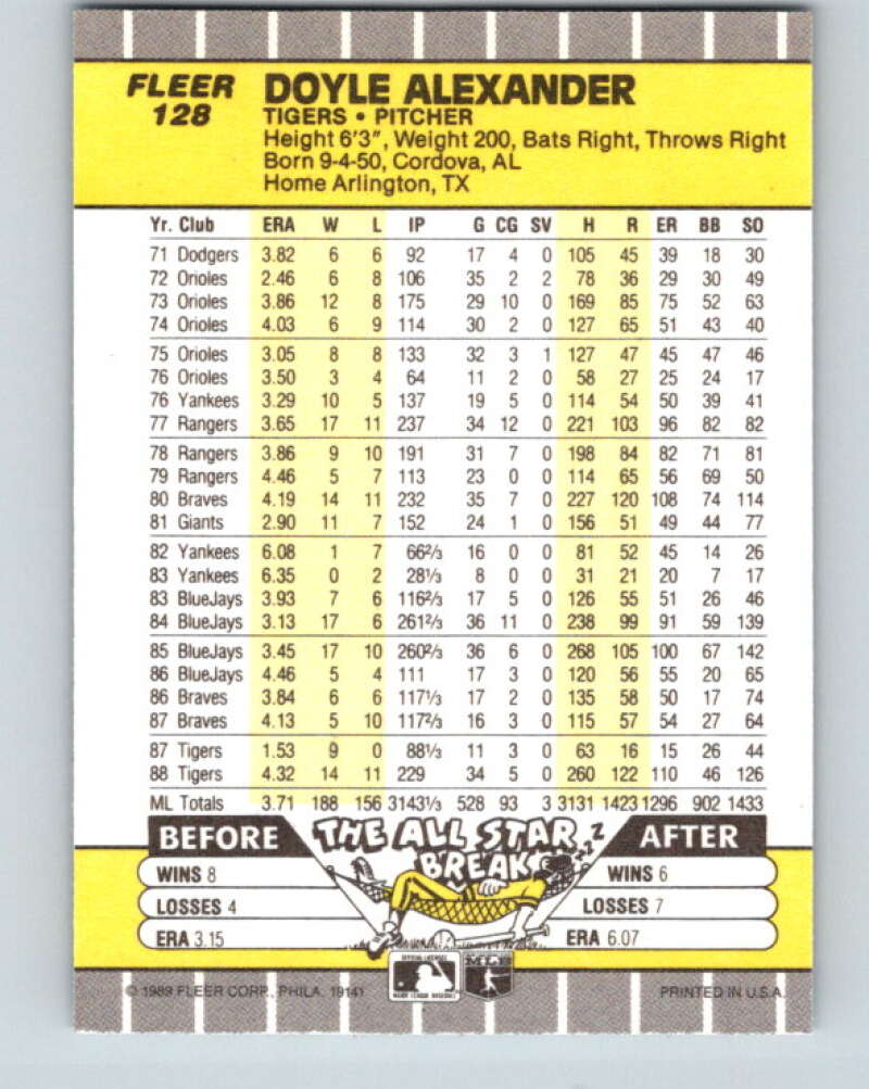 1989 Fleer #128 Doyle Alexander Mint Detroit Tigers Image 2