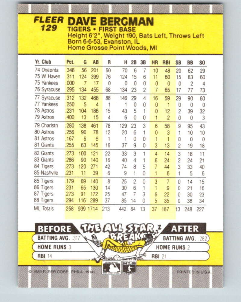 1989 Fleer #129 Dave Bergman Mint Detroit Tigers Image 2