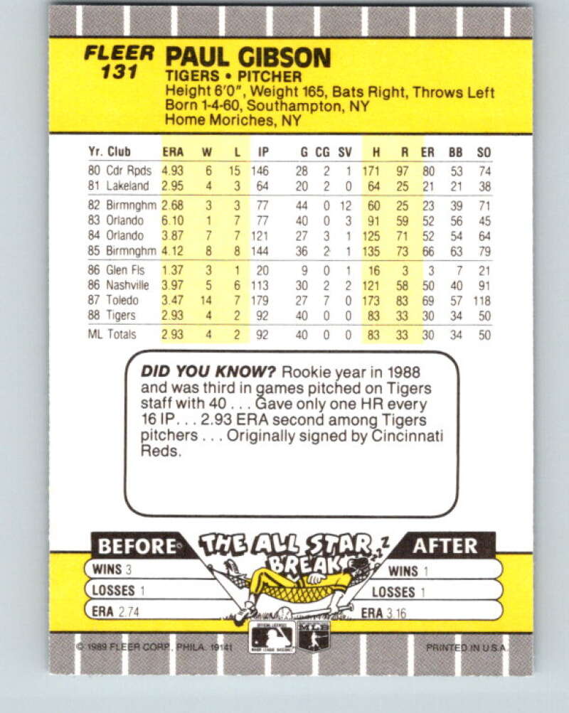 1989 Fleer #131 Paul Gibson Mint Detroit Tigers  Image 2