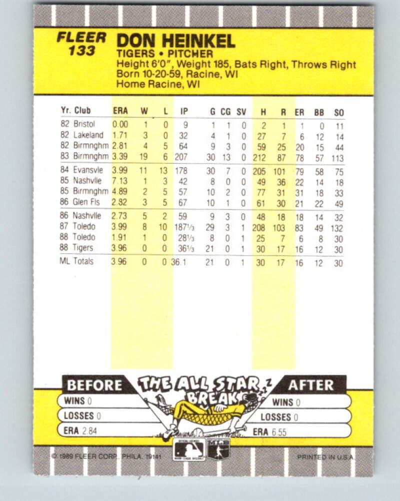 1989 Fleer #133 Don Heinkel Mint Detroit Tigers Image 2