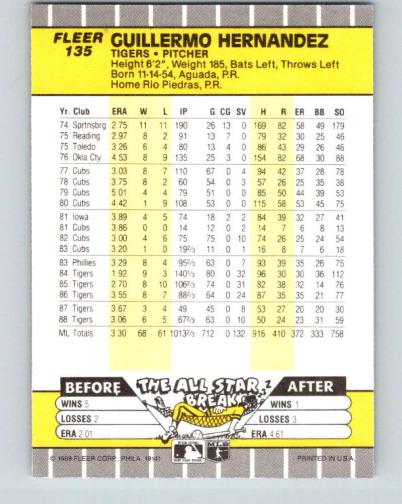1989 Fleer #135 Guillermo Hernandez Mint Detroit Tigers Image 2