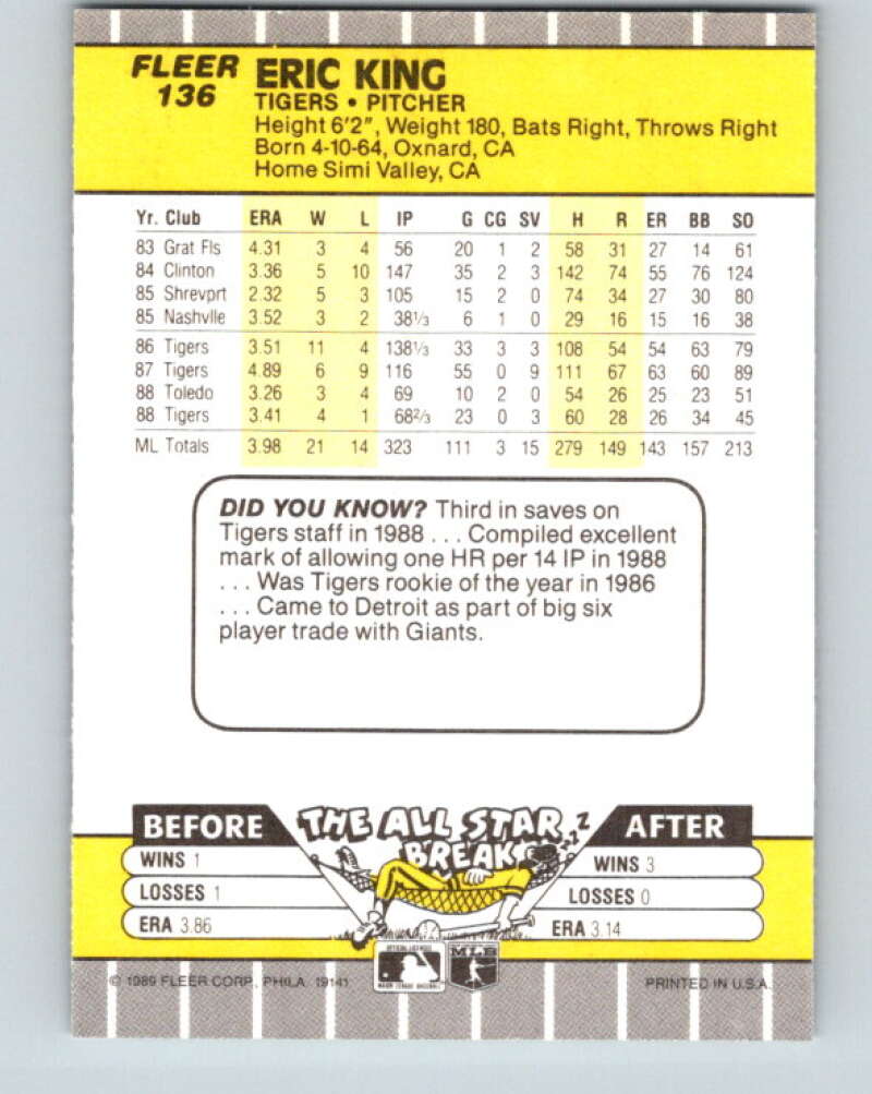 1989 Fleer #136 Eric King Mint Detroit Tigers Image 2
