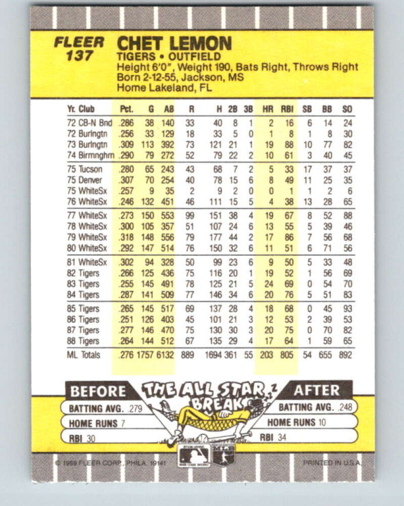 1989 Fleer #137 Chet Lemon Mint Detroit Tigers Image 2