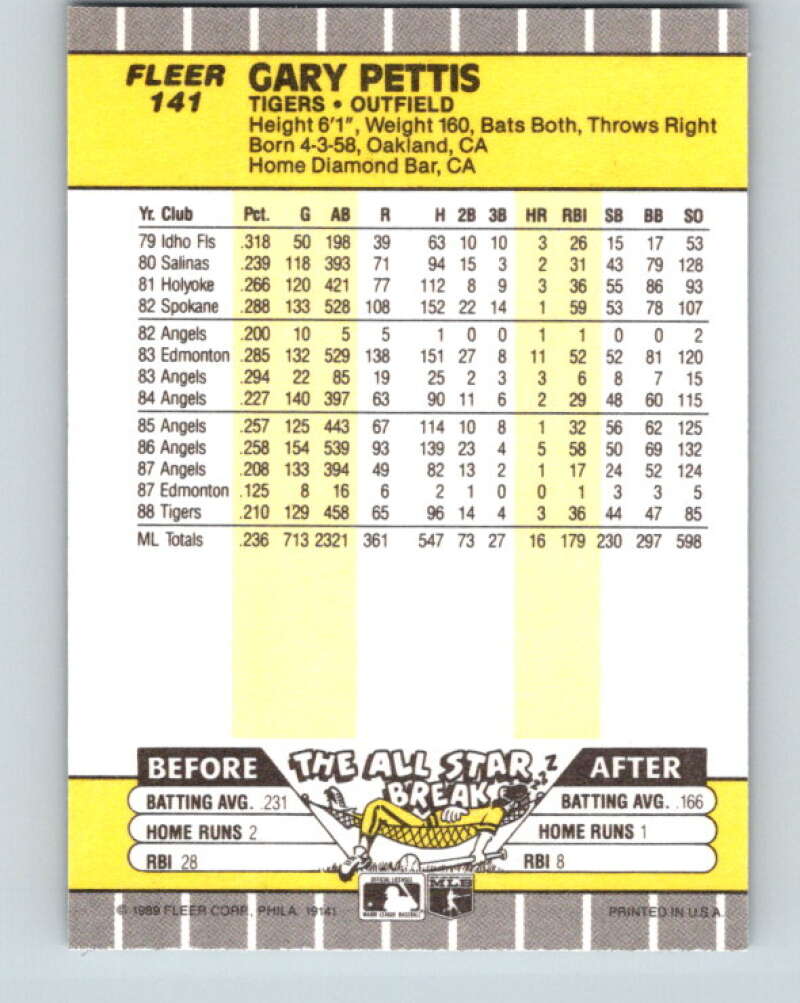 1989 Fleer #141 Gary Pettis Mint Detroit Tigers  Image 2