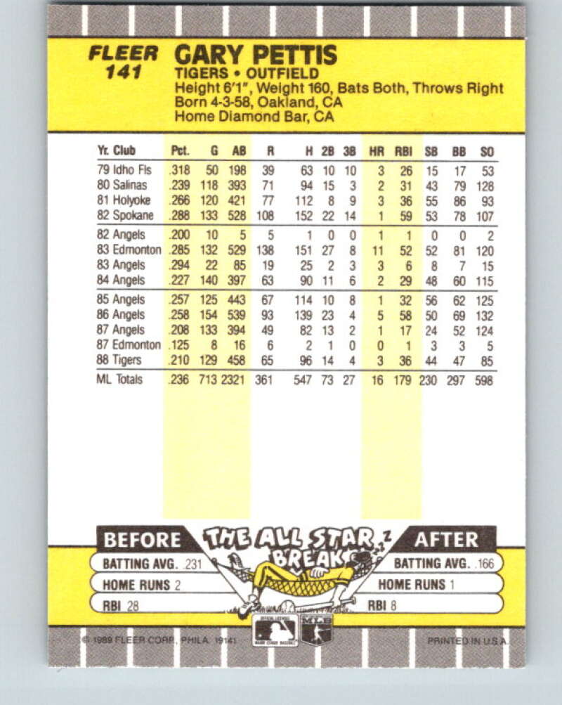 1989 Fleer #141 Gary Pettis Mint Detroit Tigers Image 2