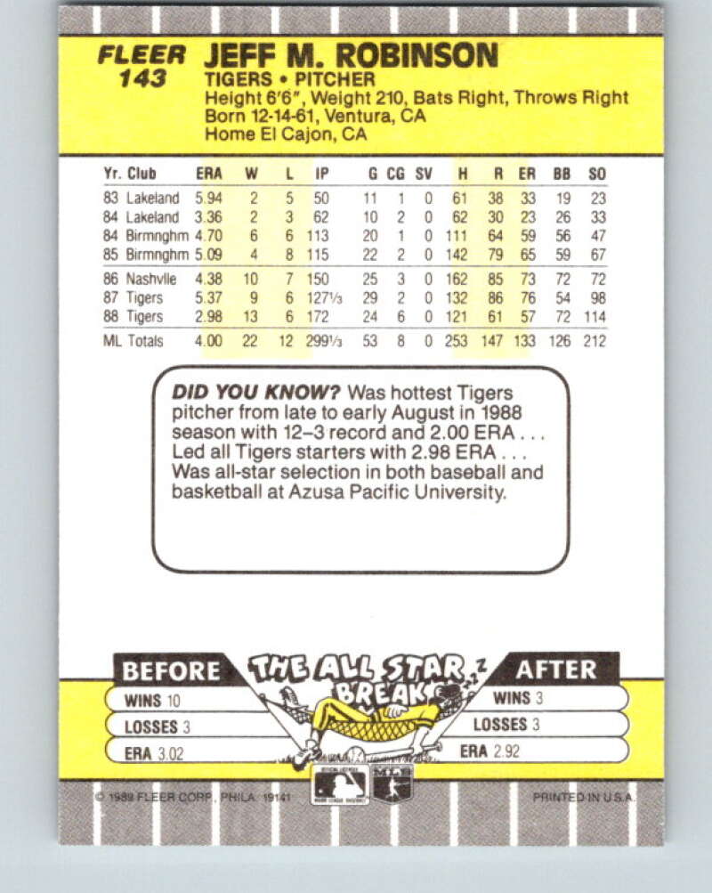 1989 Fleer #143 Jeff Robinson Mint Detroit Tigers Image 2