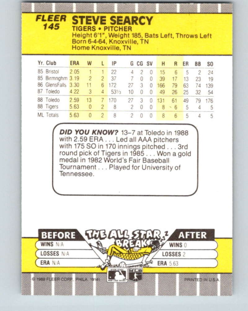 1989 Fleer #145 Steve Searcy Mint Detroit Tigers Image 2