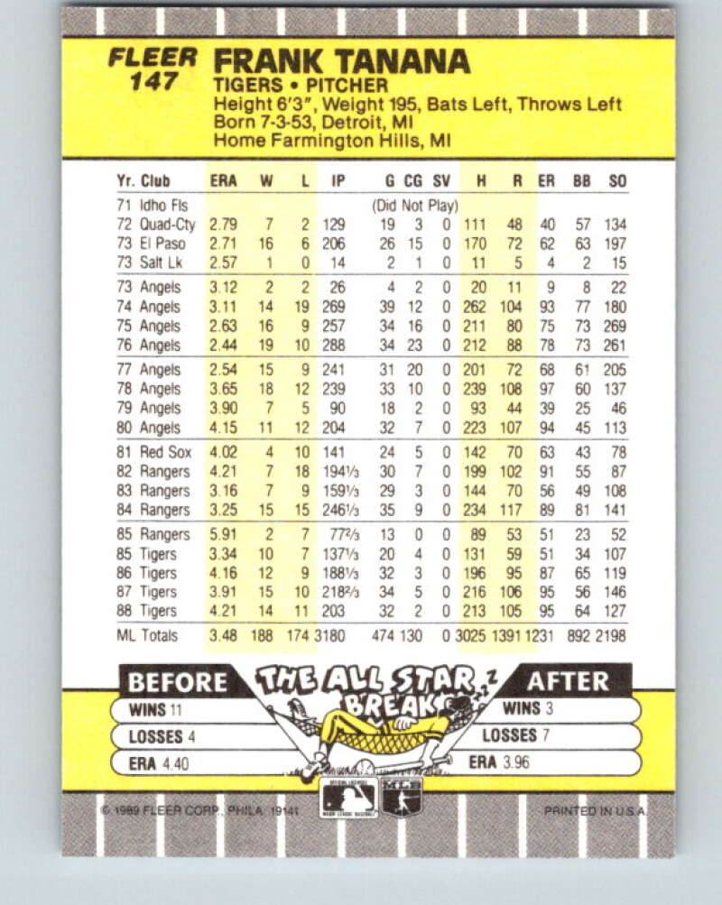 1989 Fleer #147 Frank Tanana Mint Detroit Tigers Image 2