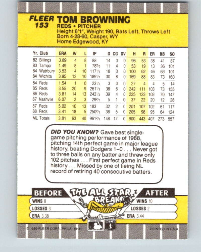 1989 Fleer #153 Tom Browning Mint Cincinnati Reds Image 2
