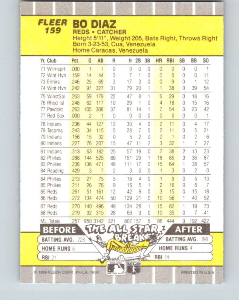 1989 Fleer #159 Bo Diaz Mint Cincinnati Reds Image 2